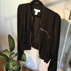 H&M Silky Black Cropped Bomber Jacket